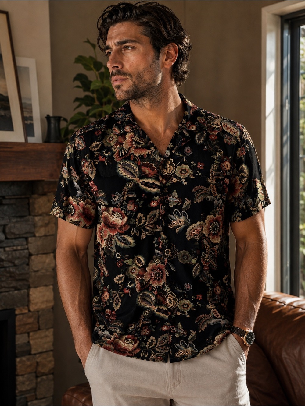 Black Floral Short Sleeve Button-Down Shirt